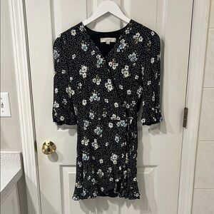 LOFT Black Romper with White and Blue Floral Pattern